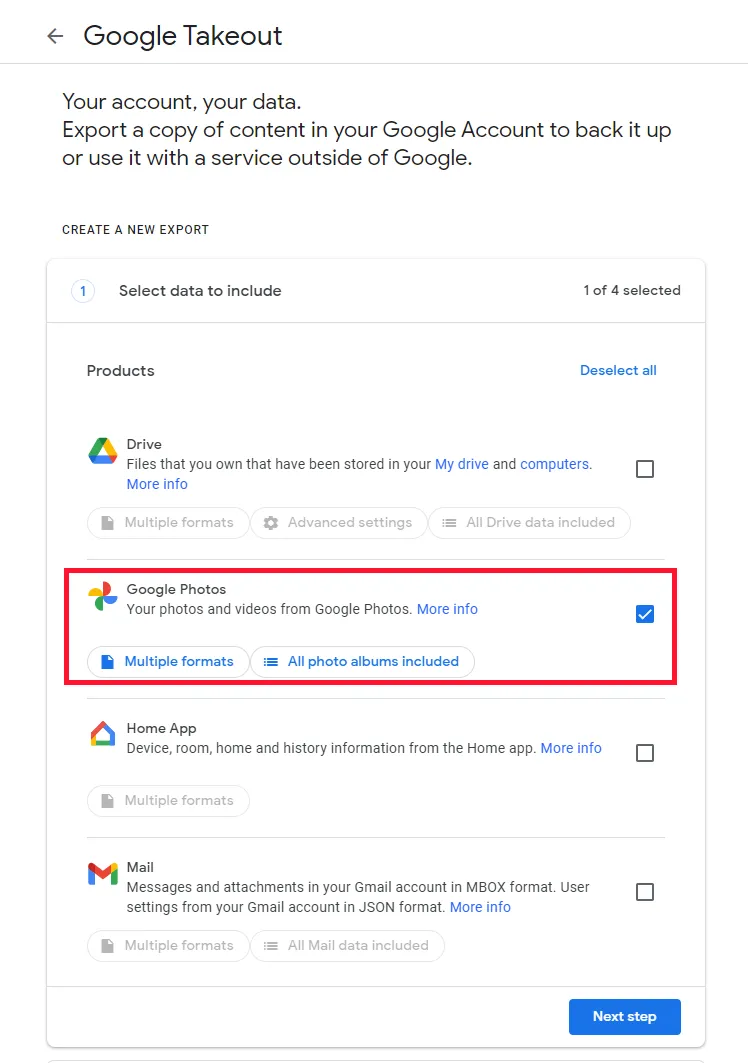 Using the Google Takeout service
